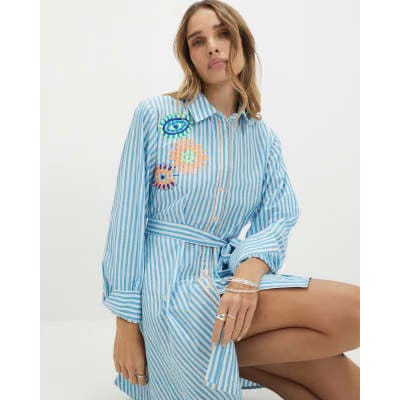 Blue Striped Embroidered Shirt Mini Dress