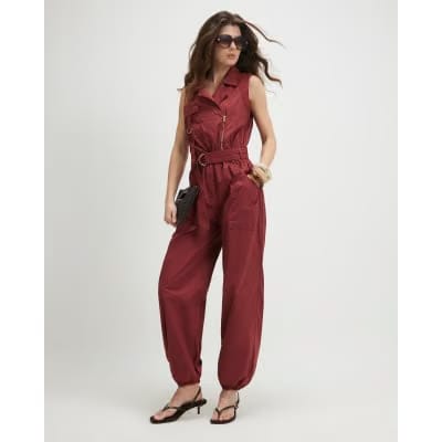 Red Sleeveless Utility Jumpsuit