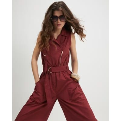 Red Sleeveless Utility Jumpsuit