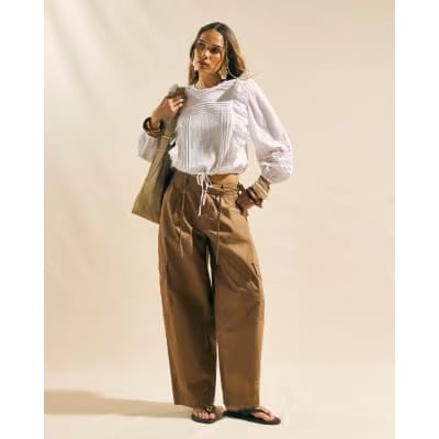Beige Barrel Leg Cargo Trousers