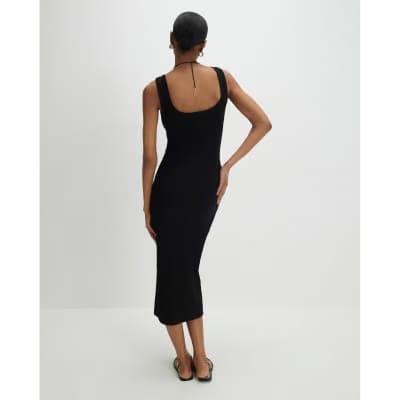 Black Sleeveless Ribbed Button Midi Dress