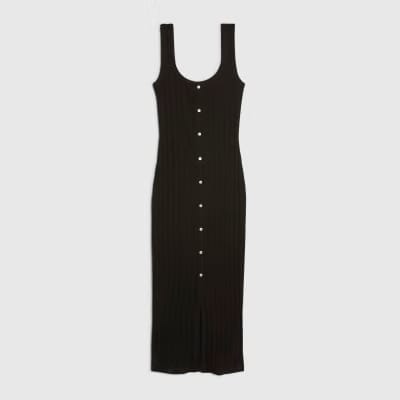 Black Sleeveless Ribbed Button Midi Dress
