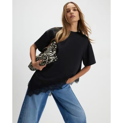 Black Asymmetric Lace Satin T-Shirt