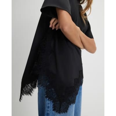 Black Asymmetric Lace Satin T-Shirt