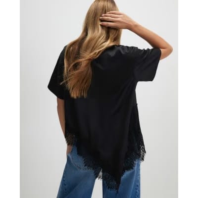 Black Asymmetric Lace Satin T-Shirt