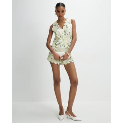 Green Floral Linen Blend Waistcoat