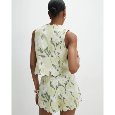 Green Floral Linen Blend Waistcoat