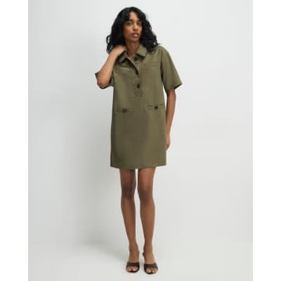 Khaki Faux Suede Short Sleeve Shirt Dress