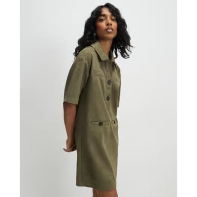 Khaki Faux Suede Short Sleeve Shirt Dress