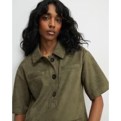 Khaki Faux Suede Short Sleeve Shirt Dress