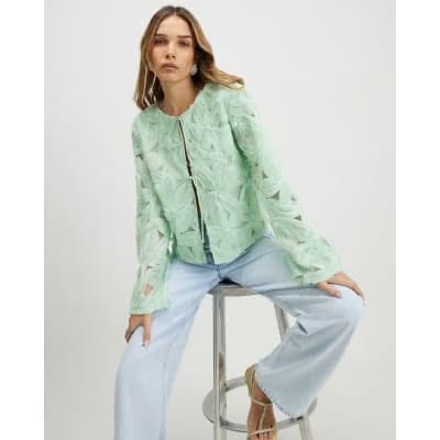 Green 3D Flower Tie Front Jacket