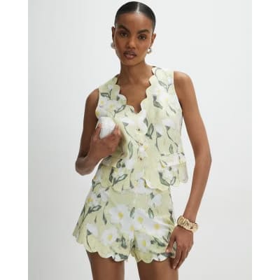 Green Floral Scallop Linen Blend Shorts