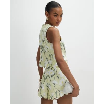 Green Floral Scallop Linen Blend Shorts