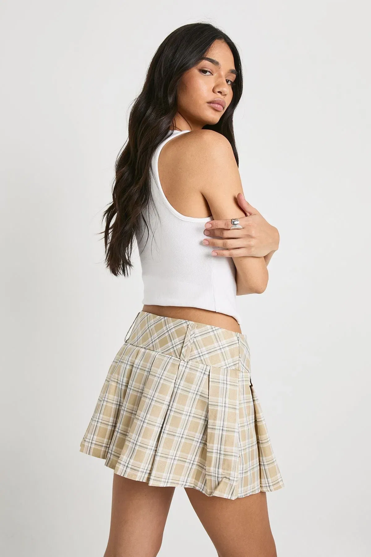 Tonal Check Pleated Micro Mini Skirt