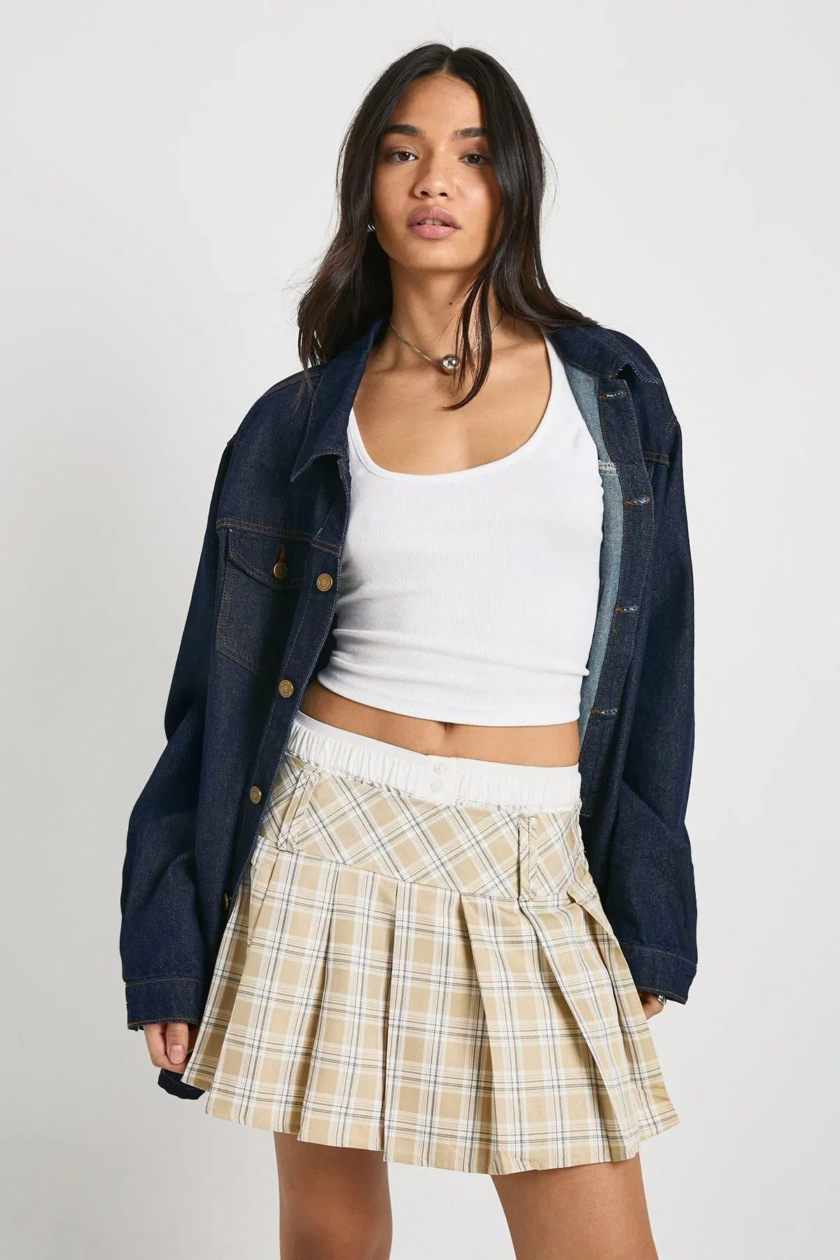 Tonal Check Pleated Micro Mini Skirt