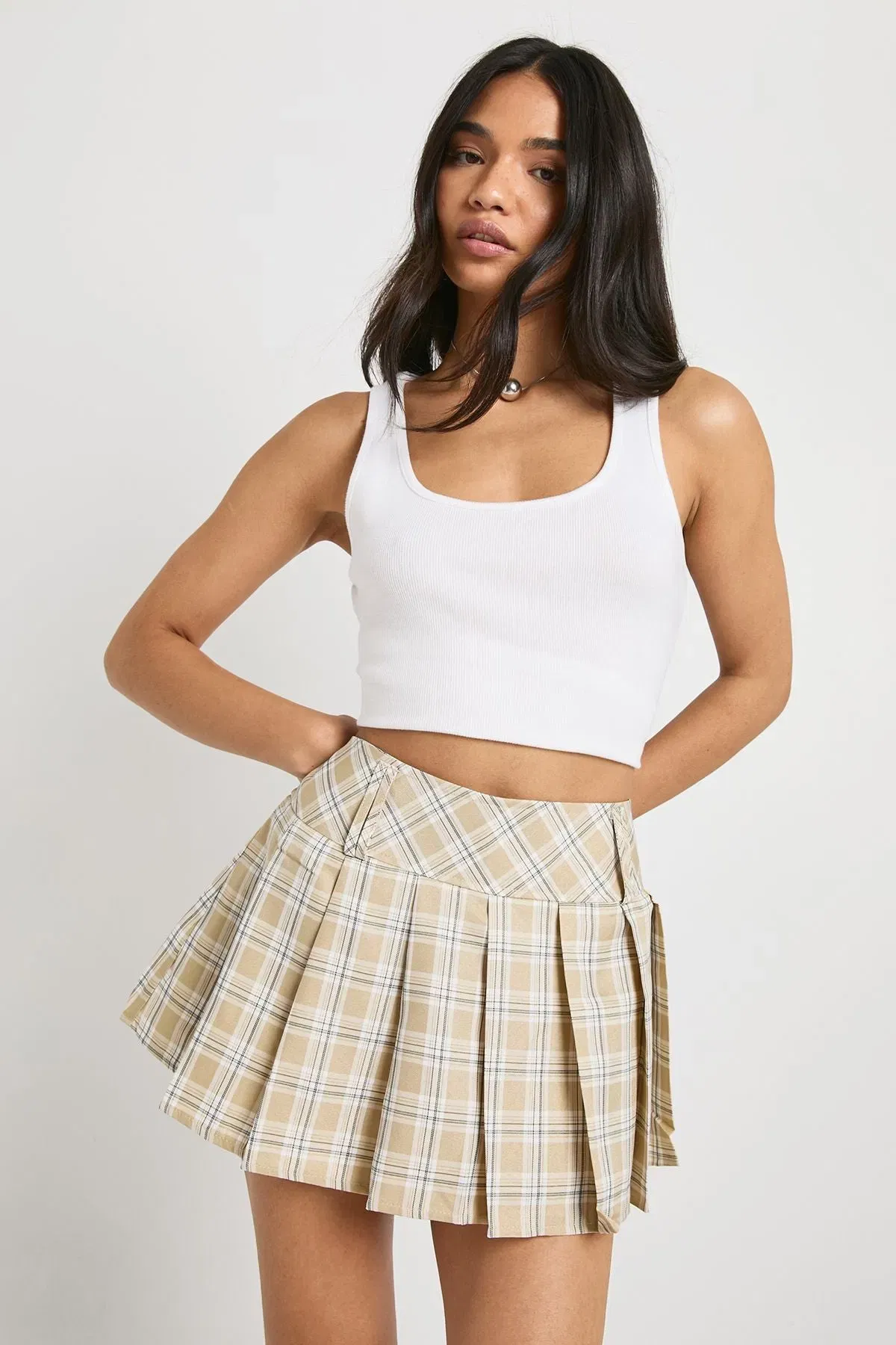Tonal Check Pleated Micro Mini Skirt