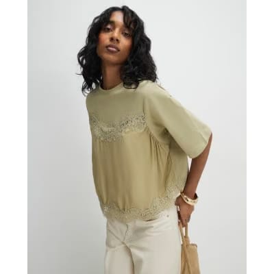 Green Short Sleeve Lace Detail T-shirt