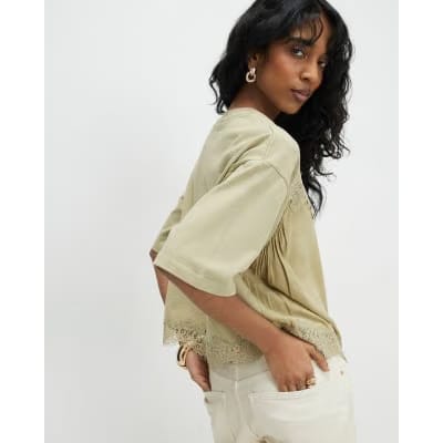 Green Short Sleeve Lace Detail T-shirt
