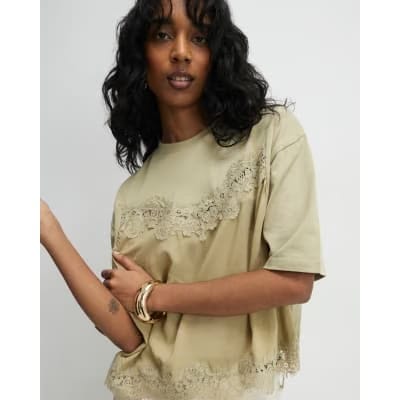 Green Short Sleeve Lace Detail T-shirt