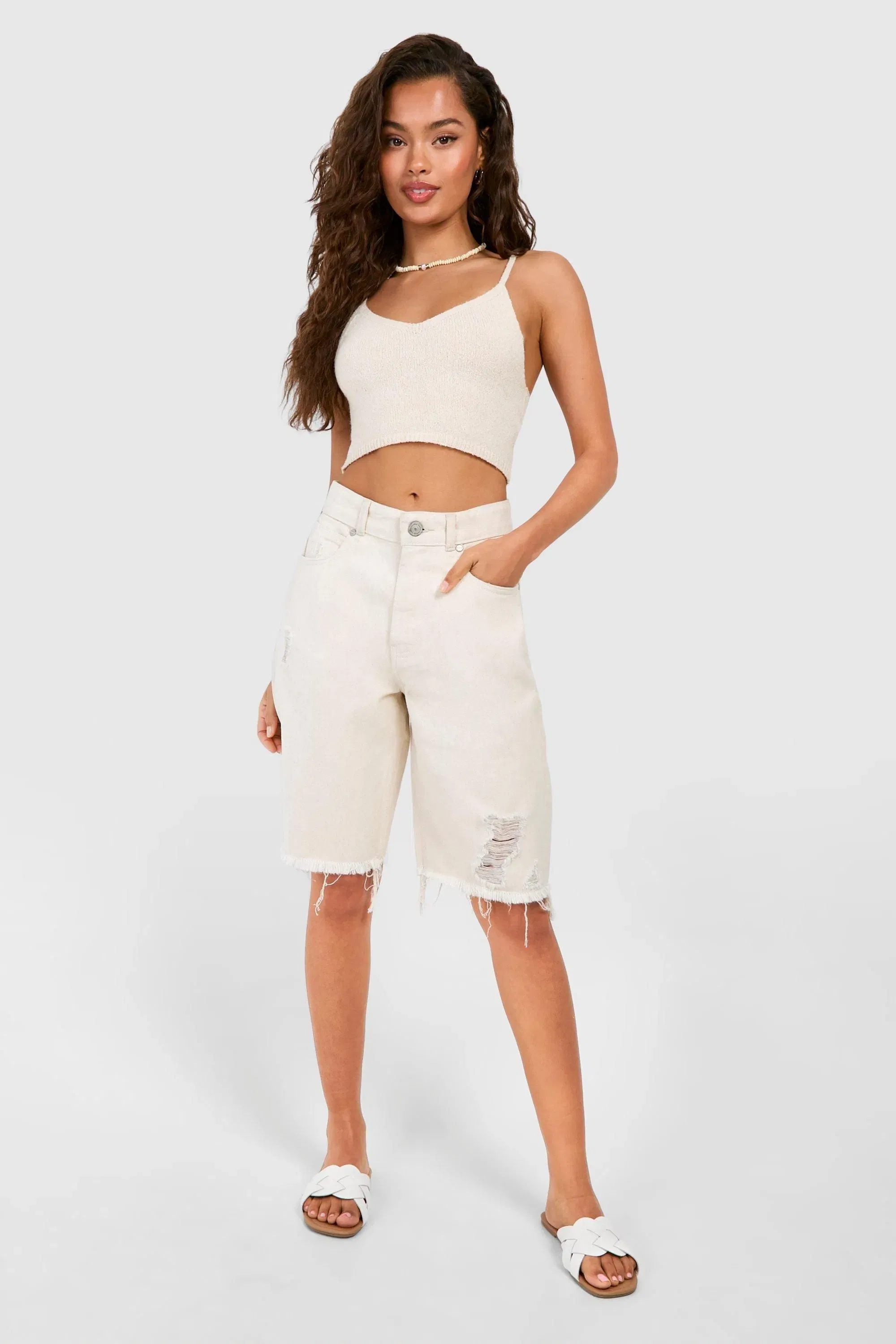 Ripped Raw Hem Longline Denim Jorts