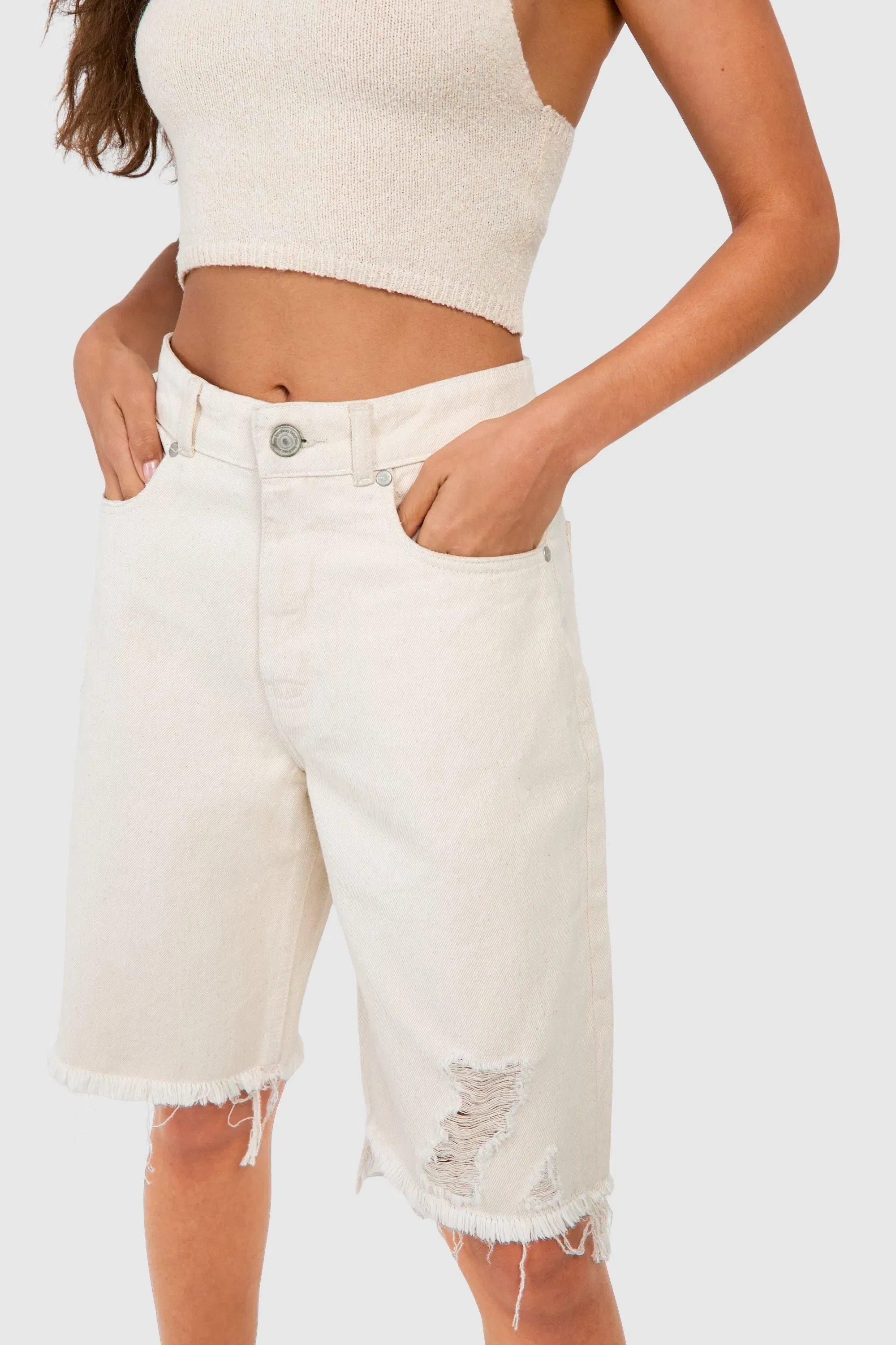 Ripped Raw Hem Longline Denim Jorts
