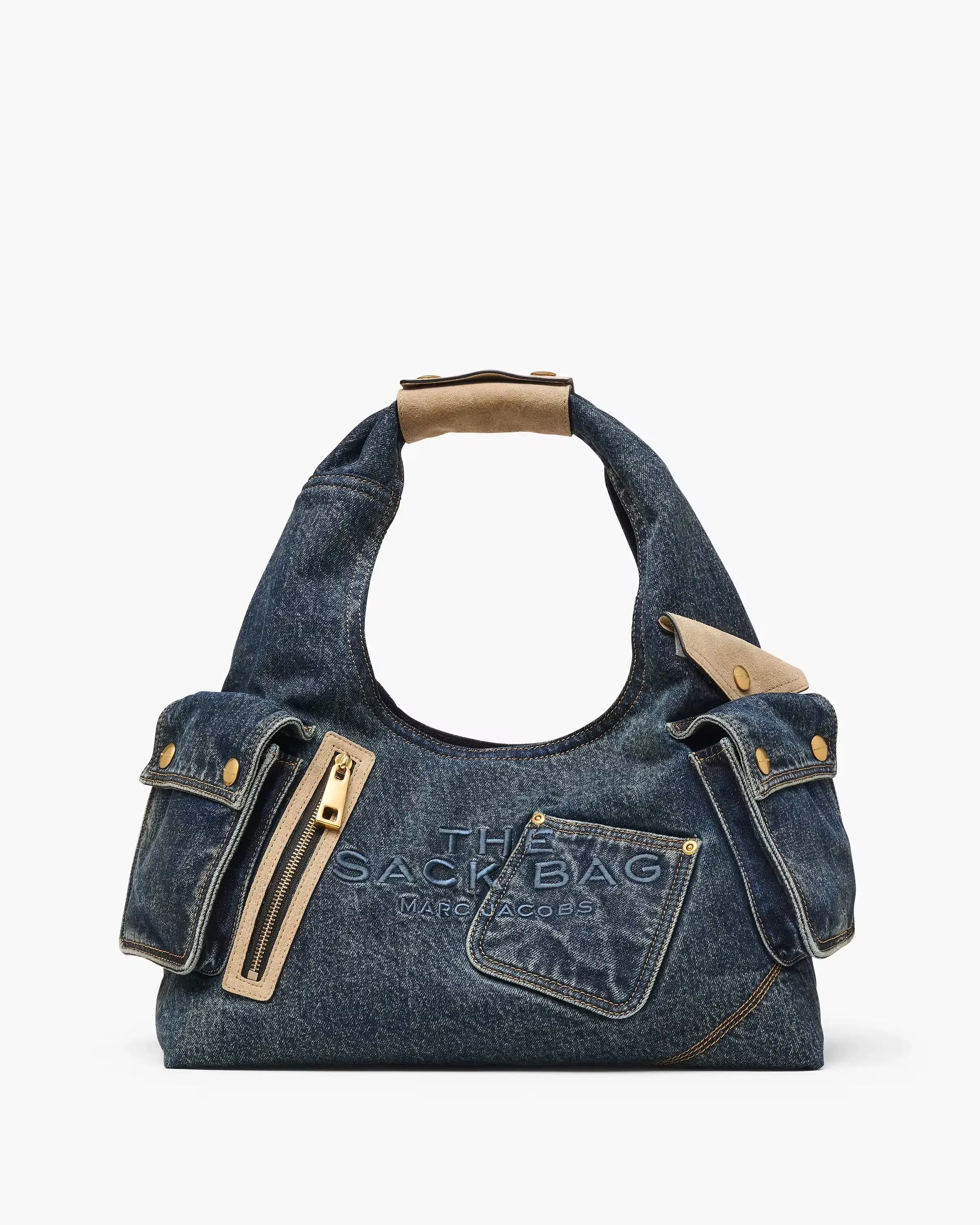 Marc Jacobs The Denim Suede Cargo Sack Bag Dark Wash Indigo
