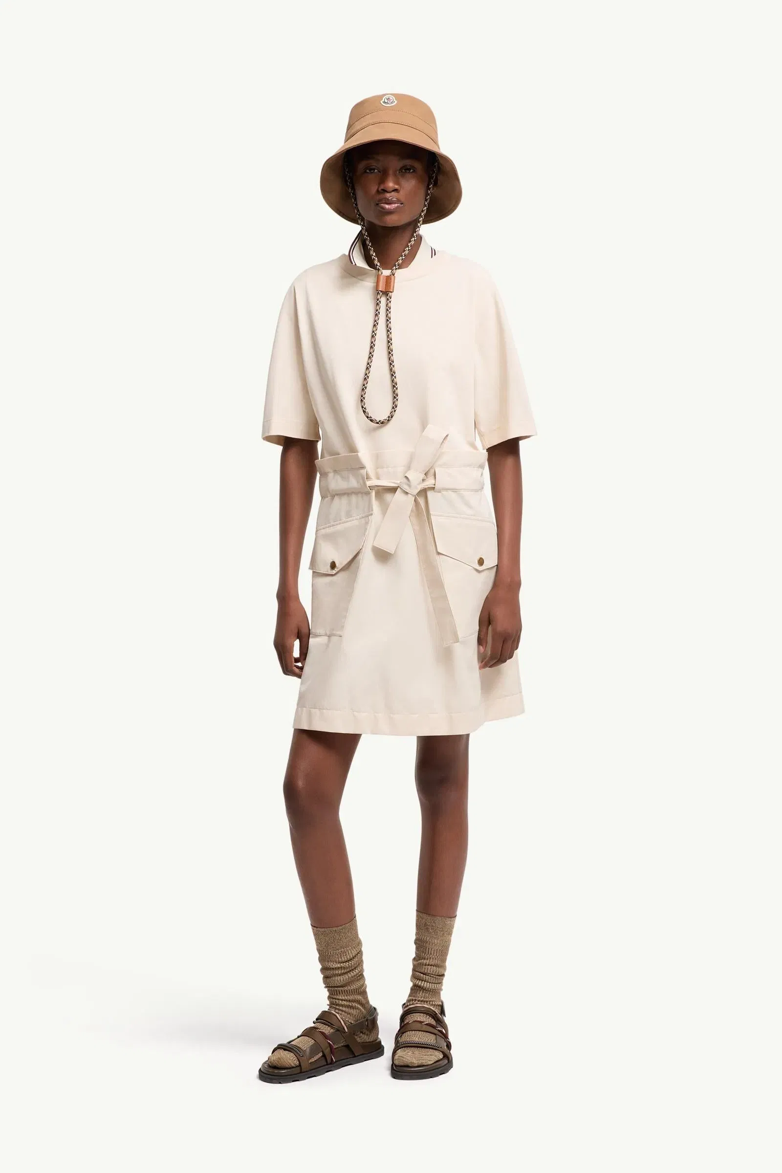 Moncler Belted Cotton Mini Dress White Ivory White Ivory