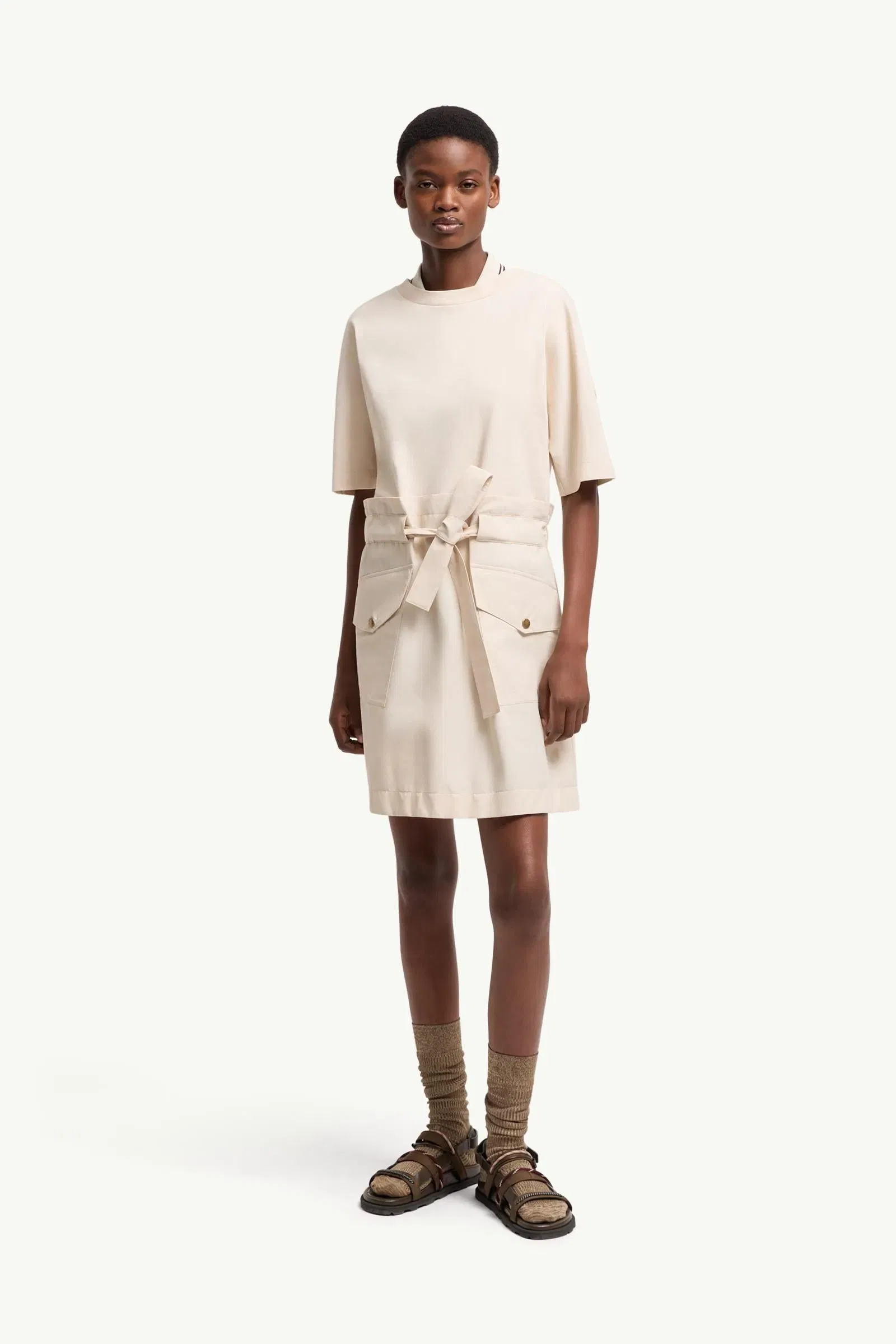 Moncler Belted Cotton Mini Dress White Ivory White Ivory