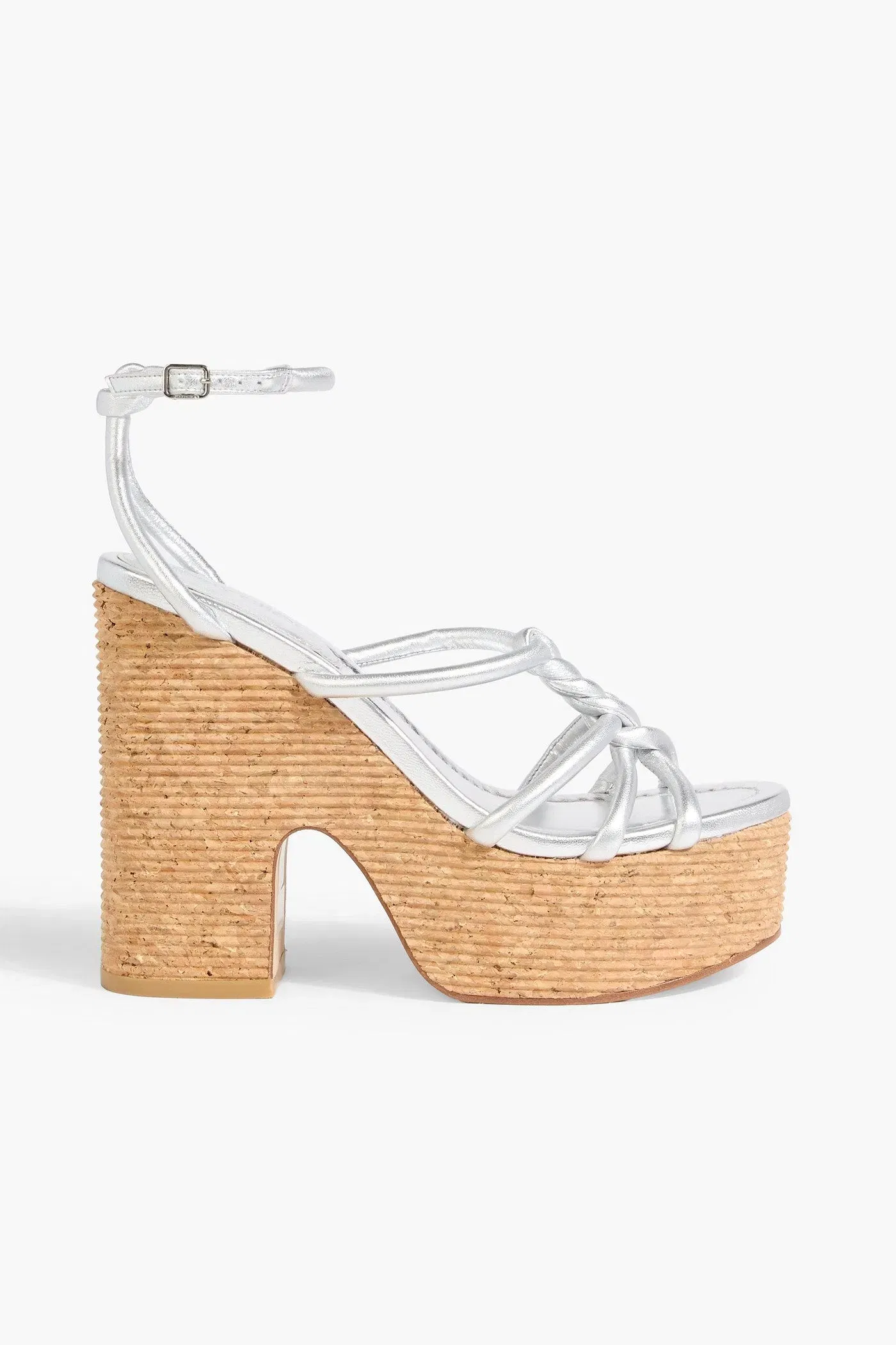 Jimmy Choo Clare 130 Braided Metallic Leather Platform Sandals Silver Women's