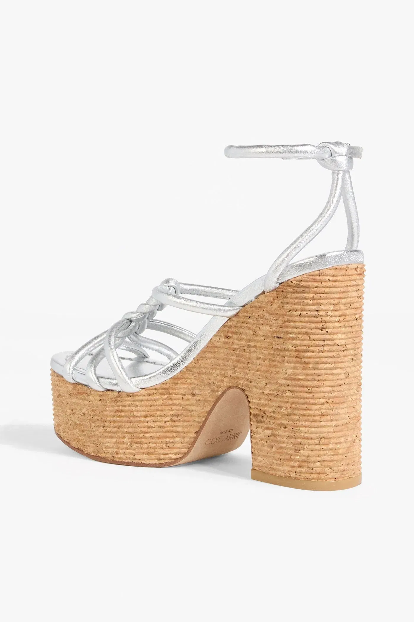 Jimmy Choo Clare 130 Braided Metallic Leather Platform Sandals Silver Women's