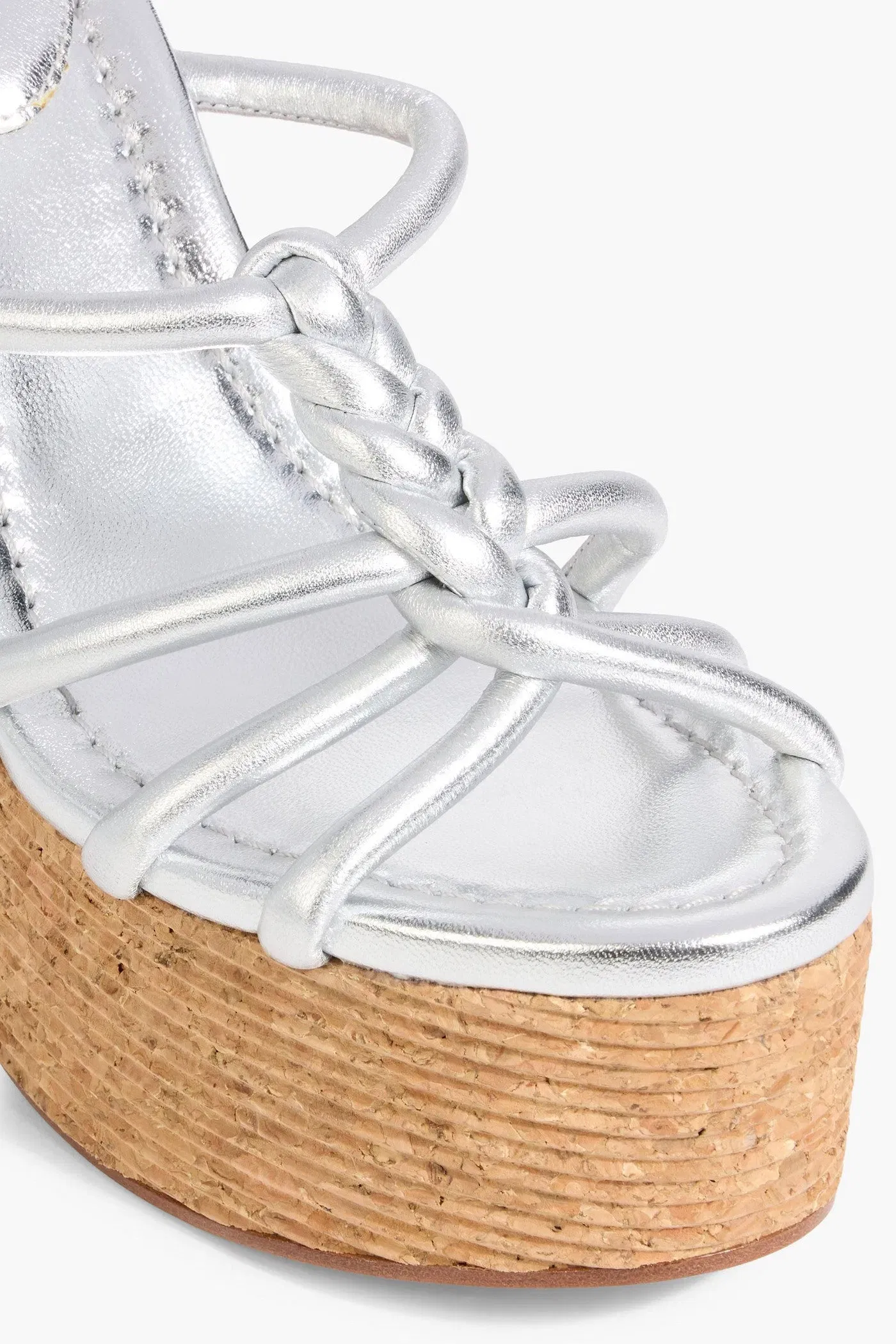 Jimmy Choo Clare 130 Braided Metallic Leather Platform Sandals Silver Women's