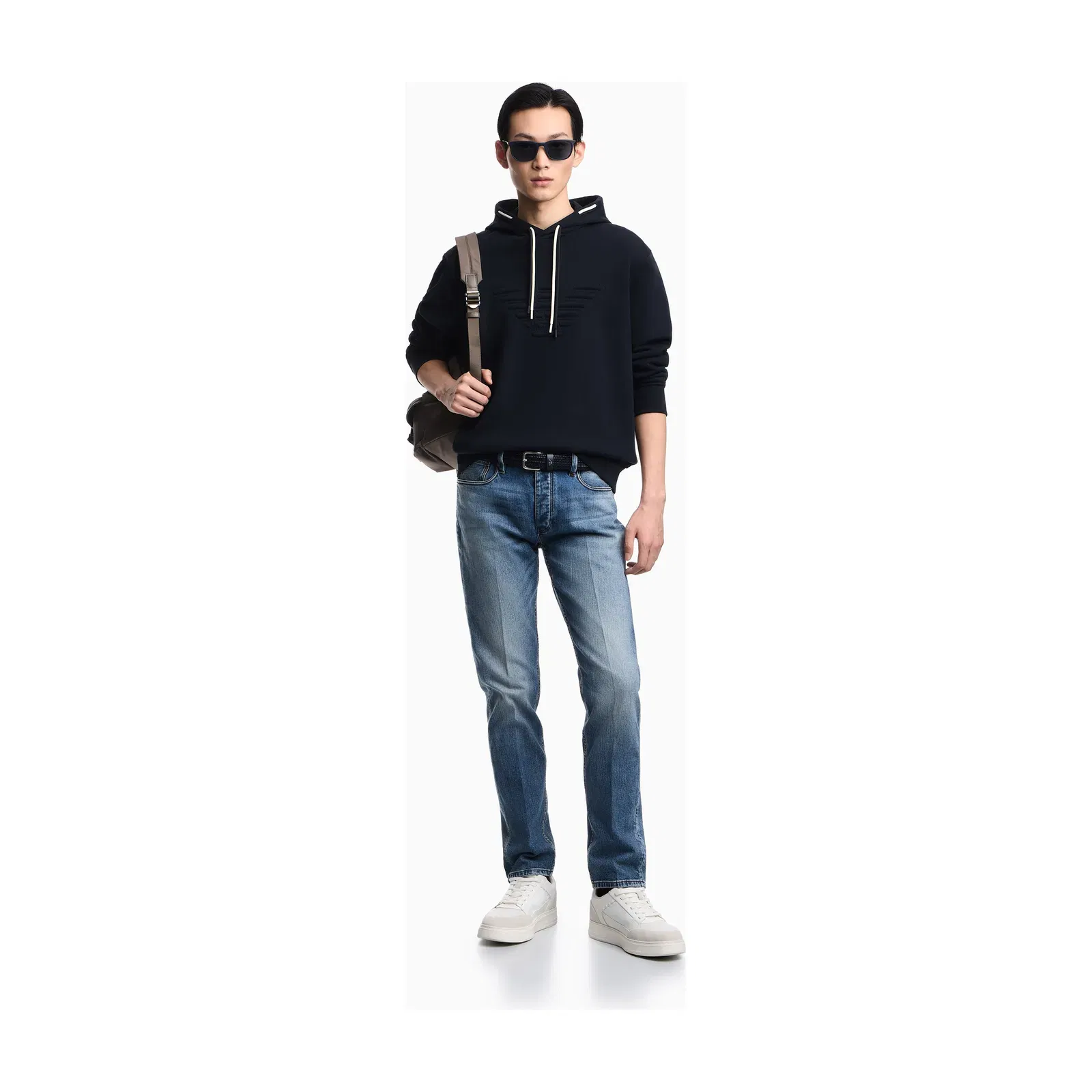 Emporio Armani Loose-fit hooded sweatshirt in French terry jersey with a domed eagle