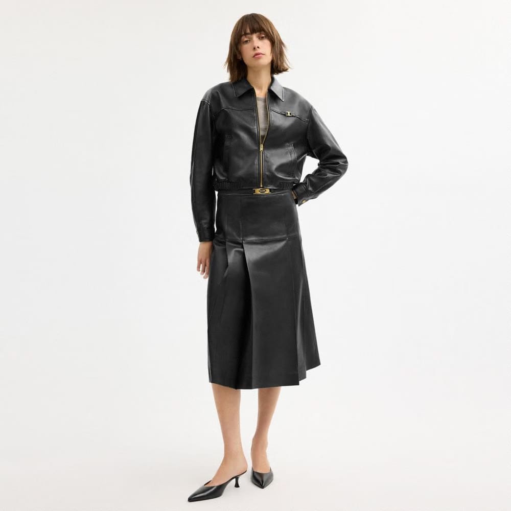 Coach Maxi Leather Pleated Skirt Black
