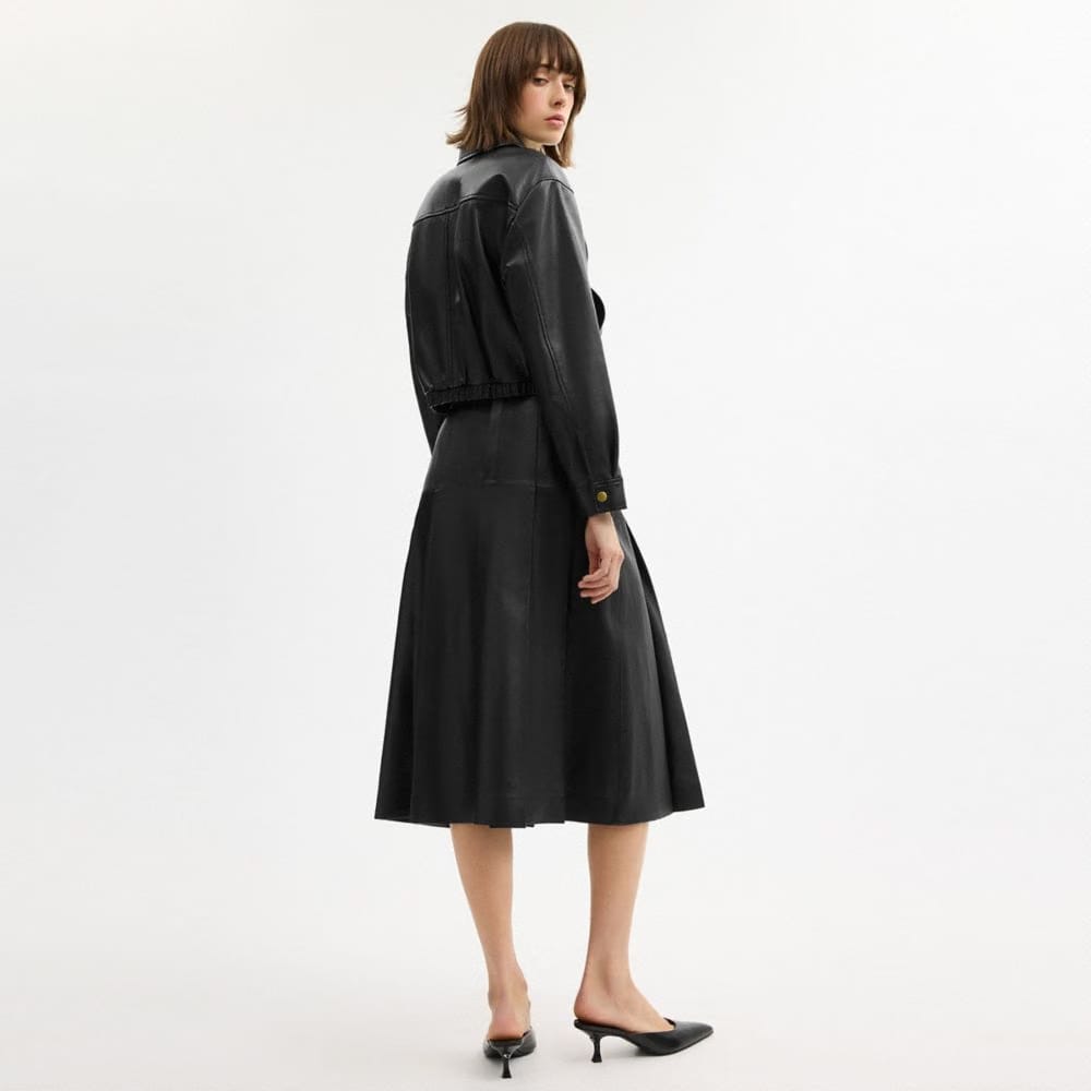 Coach Maxi Leather Pleated Skirt Black
