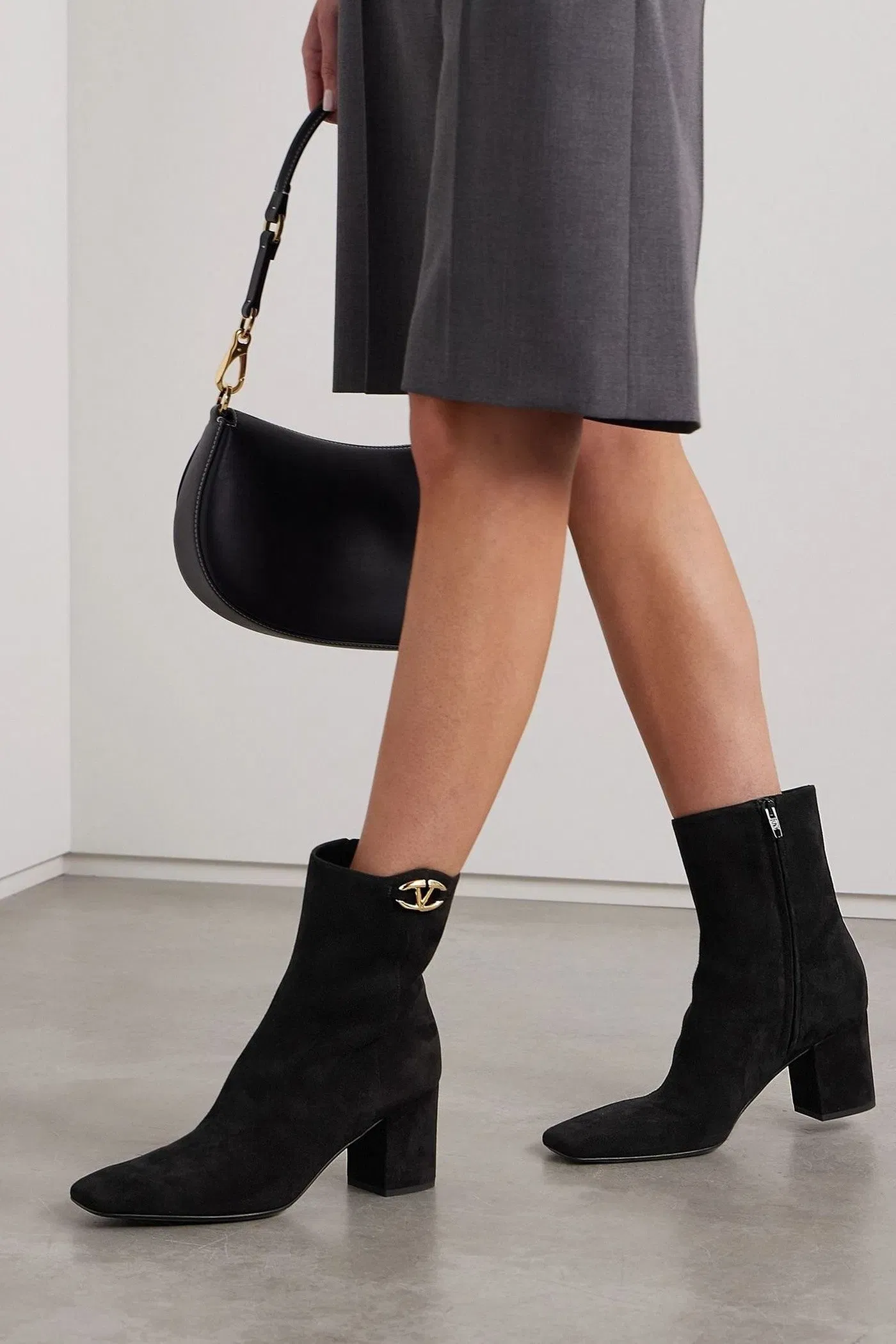 Valentino Garavani Vlogo Bold 70 Embellished Suede Ankle Boots Black Women's