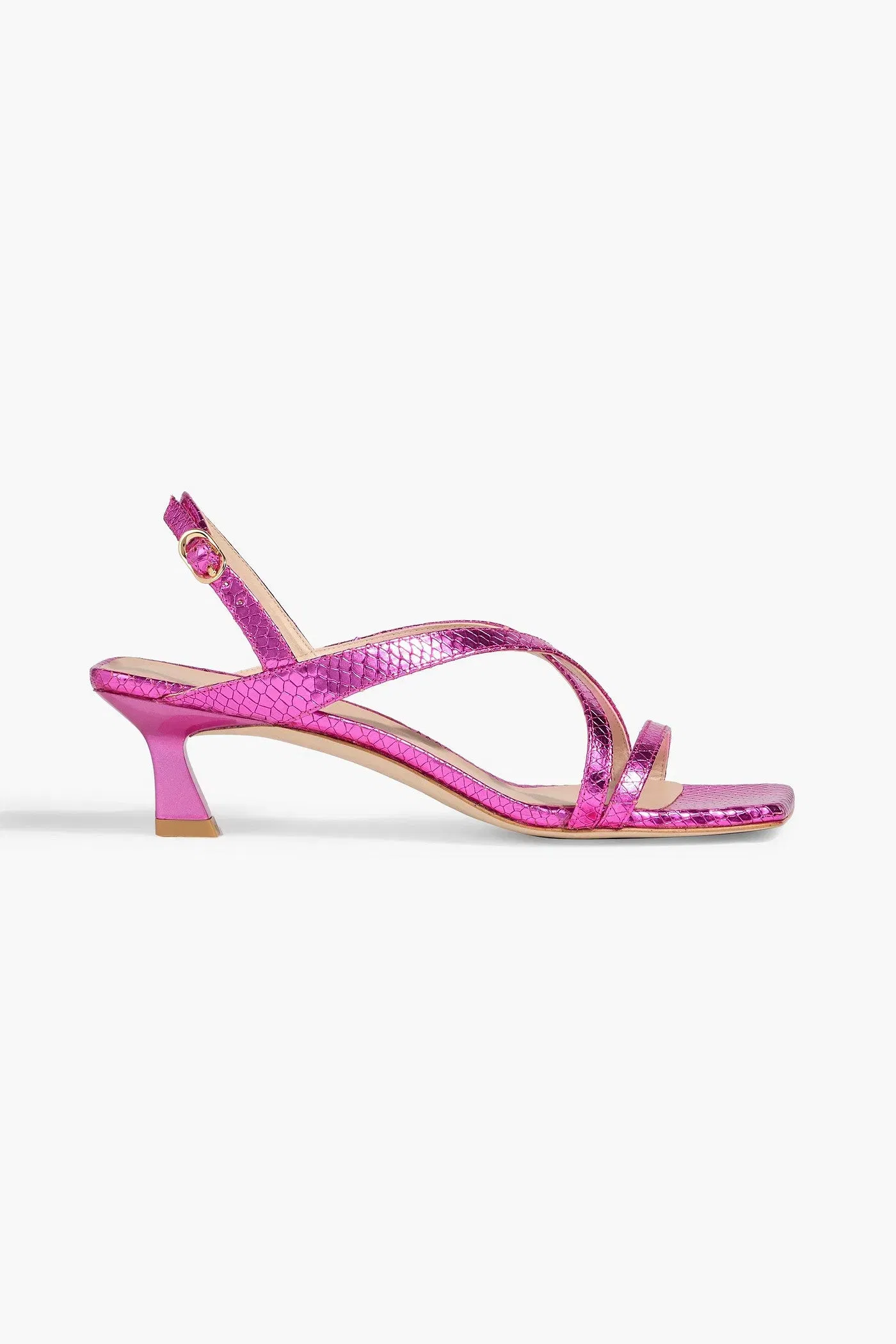Stuart Weitzman Oasis 50 Metallic Snake-Effect Leather Slingback Sandals Fuchsia Women's