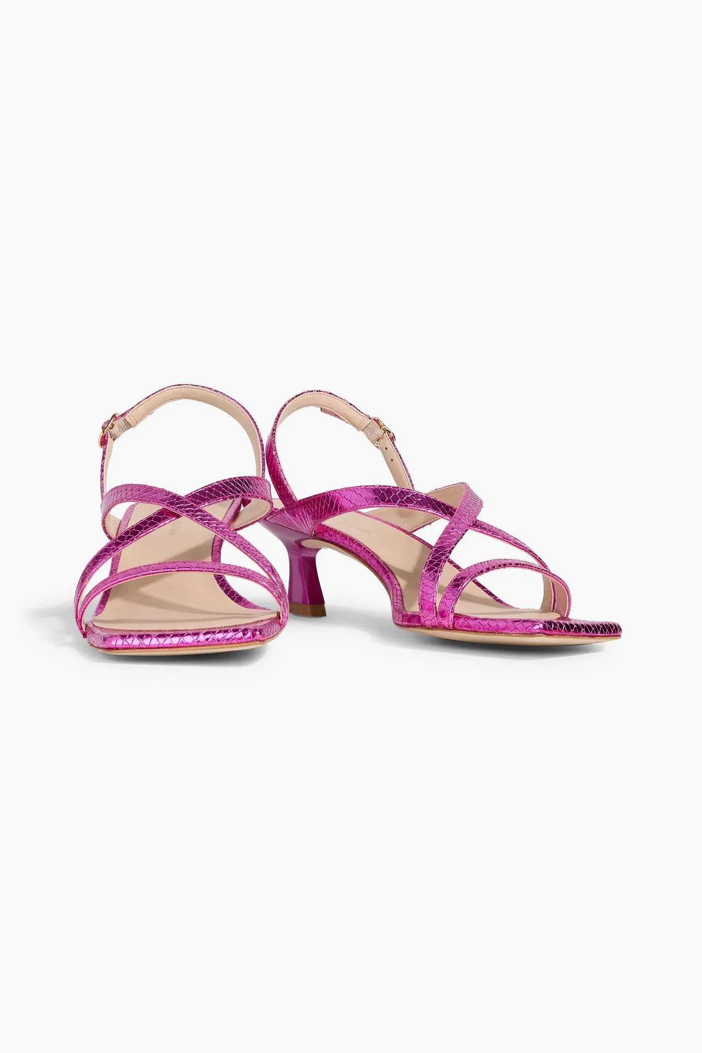 Stuart Weitzman Oasis 50 Metallic Snake-Effect Leather Slingback Sandals Fuchsia Women's