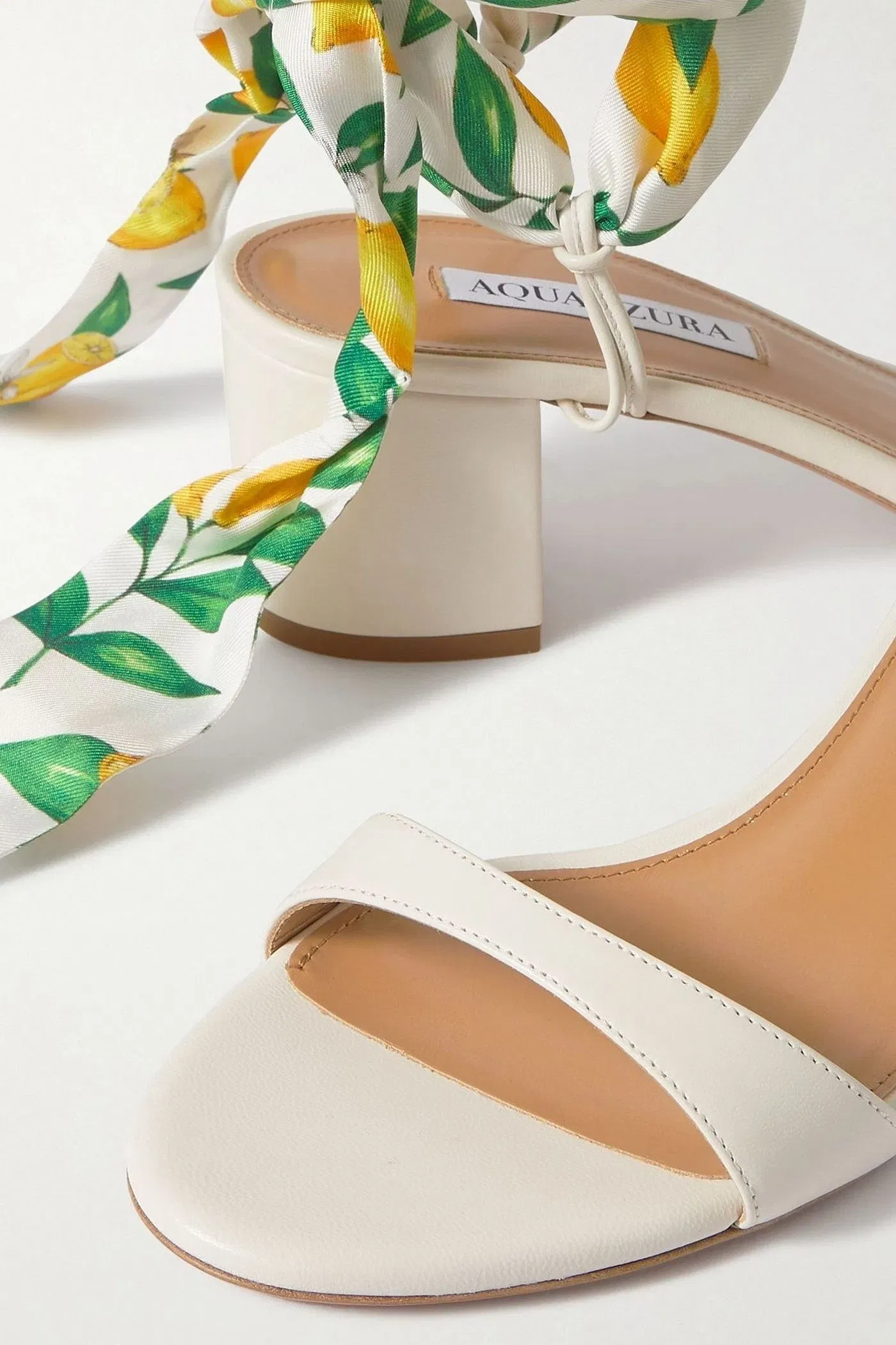 Aquazzura Twilly 50 Printed Silk Twill-Trimmed Leather Sandals White Women's