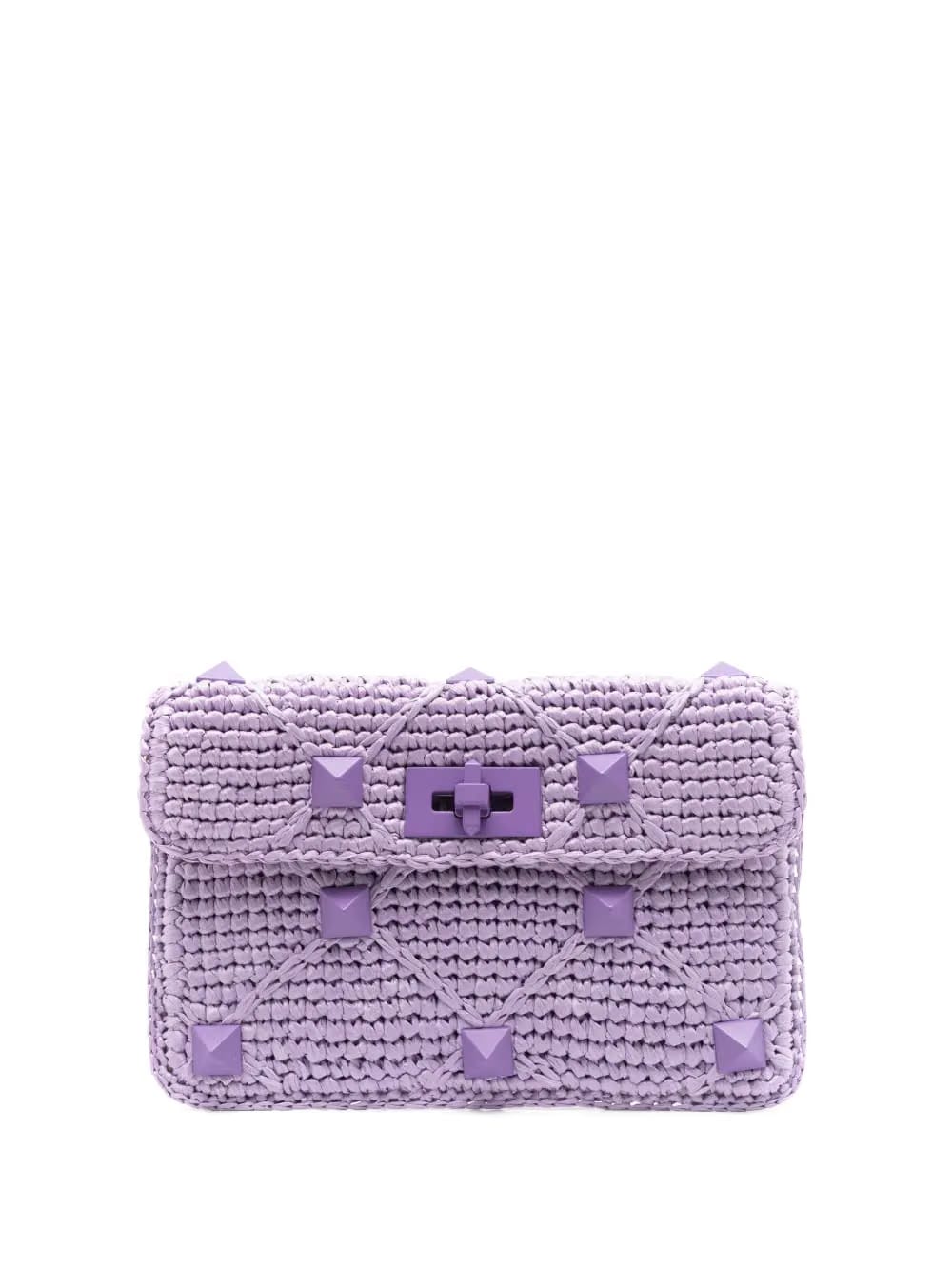 Rockstud crochet-knit clutch bag