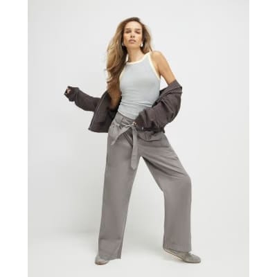Grey Belted Wide Leg Trousers