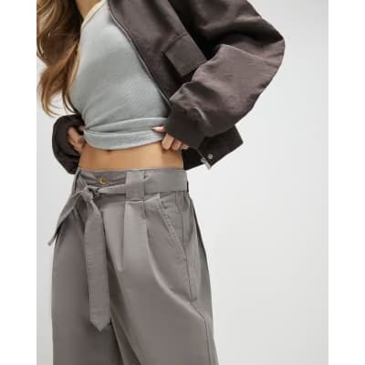 Grey Belted Wide Leg Trousers