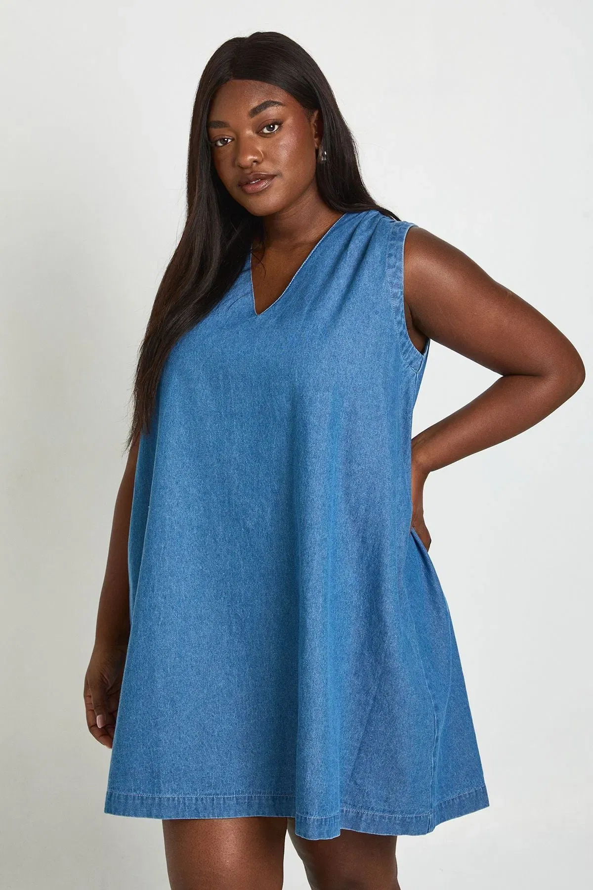 Plus Chambray V Neck Mini Dress