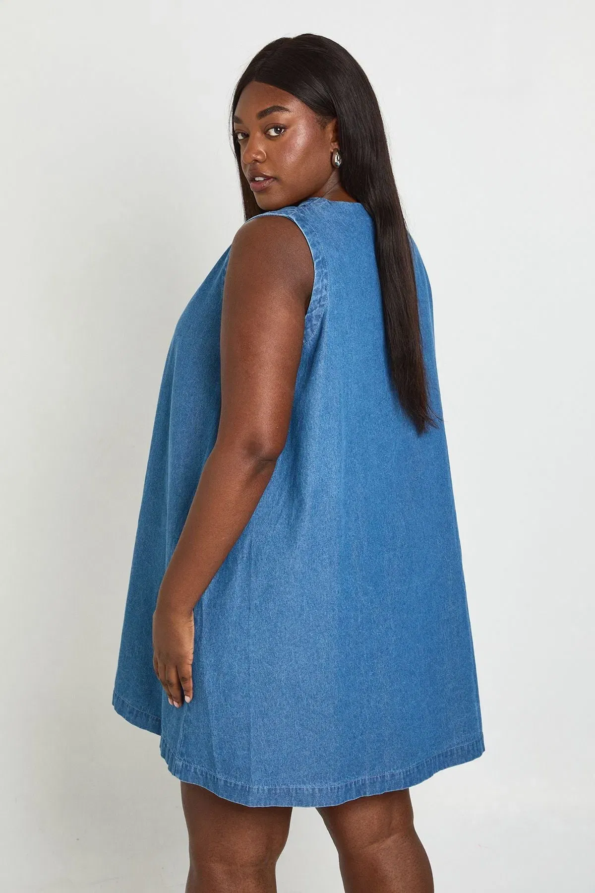 Plus Chambray V Neck Mini Dress