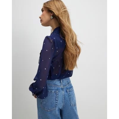 Navy Spot Print Scallop Detail Chiffon Shirt