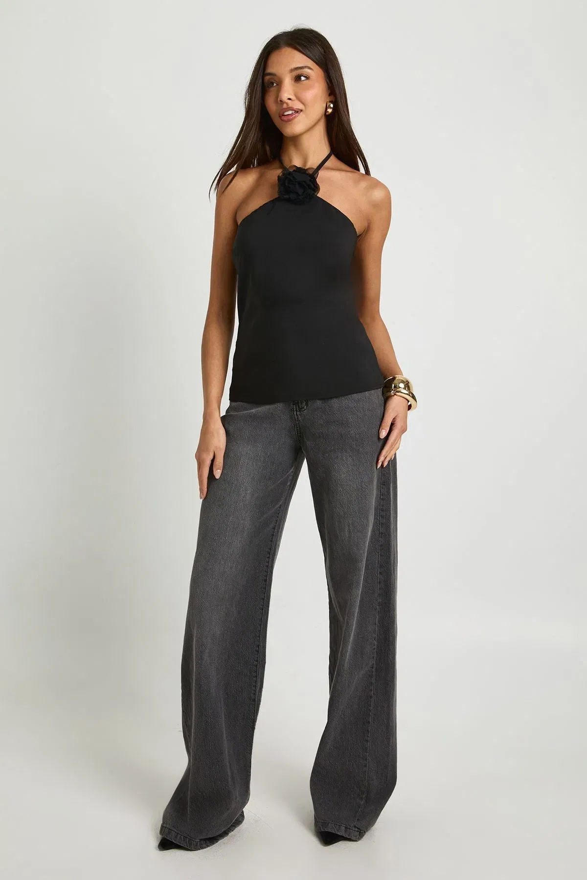 Crepe Flower Corsage Detail Halterneck Top