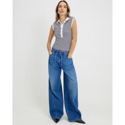 Blue Baggy Wide Leg Tie Waist Jeans