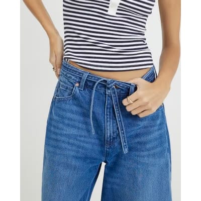 Blue Baggy Wide Leg Tie Waist Jeans