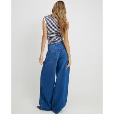 Blue Baggy Wide Leg Tie Waist Jeans