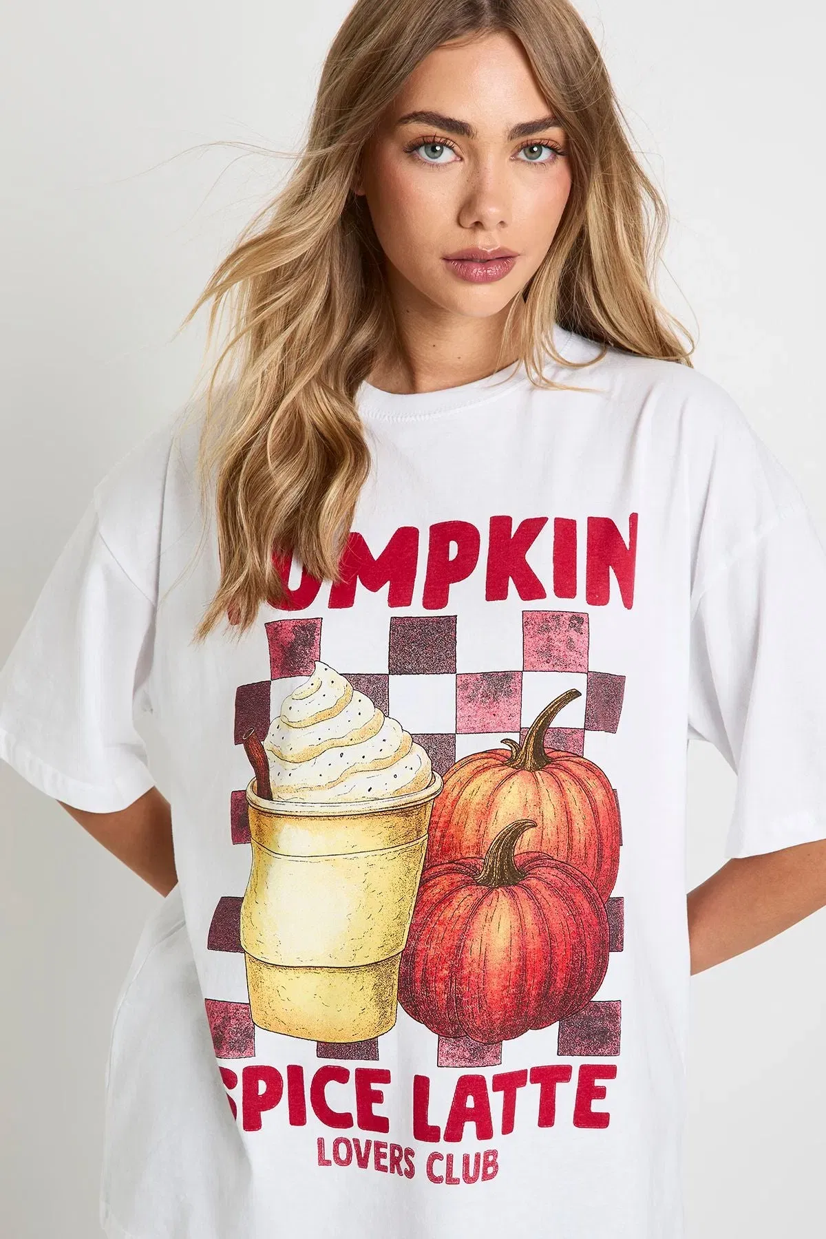Pumpkin Spice Latte Checkered Printed Oversized T-Shirt
