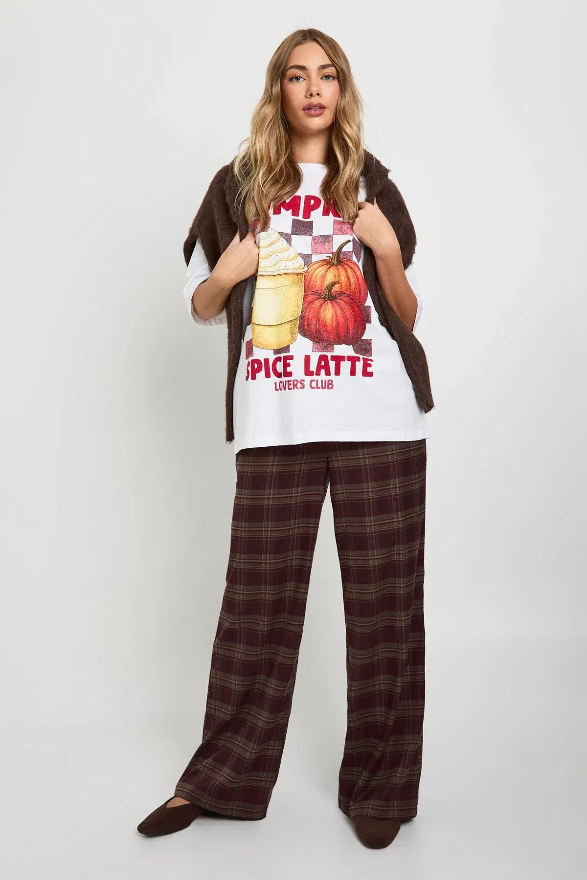 Pumpkin Spice Latte Checkered Printed Oversized T-Shirt